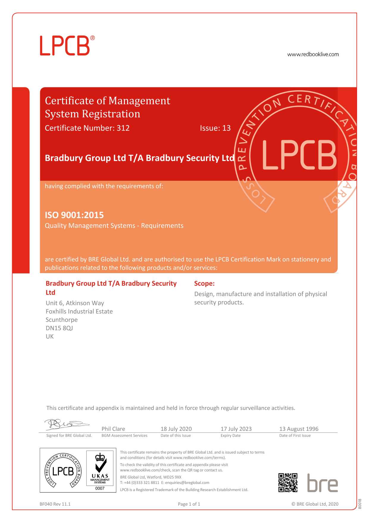 Bradbury Security ISO 9001:2015 Certificate