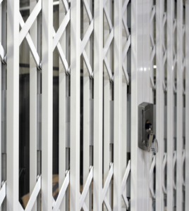 White steel security grilles.