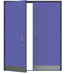 Blue fire door with kick plates on white background.