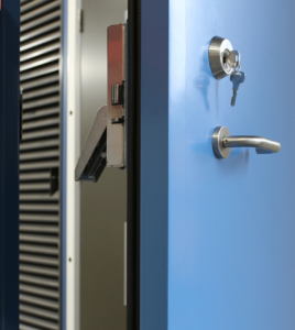 blue flood door steel with keys