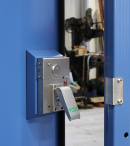 Blue steel door with a secure lock.