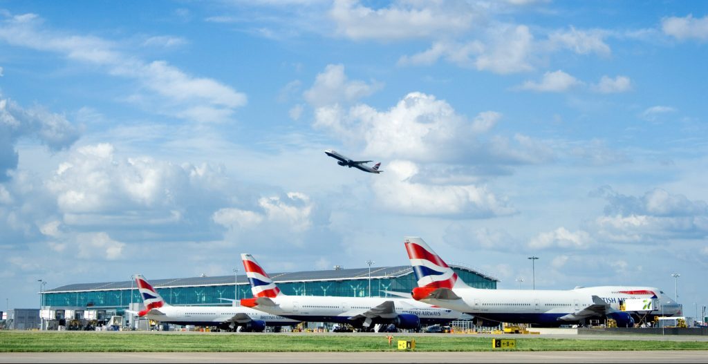 Heathrow Airport, Terminal 5C (satellite 2) viewed from airfield, May 2011.