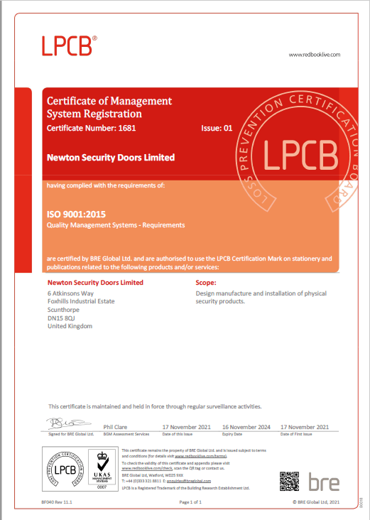 IS0 9001 certificate LPCB Newton Doors