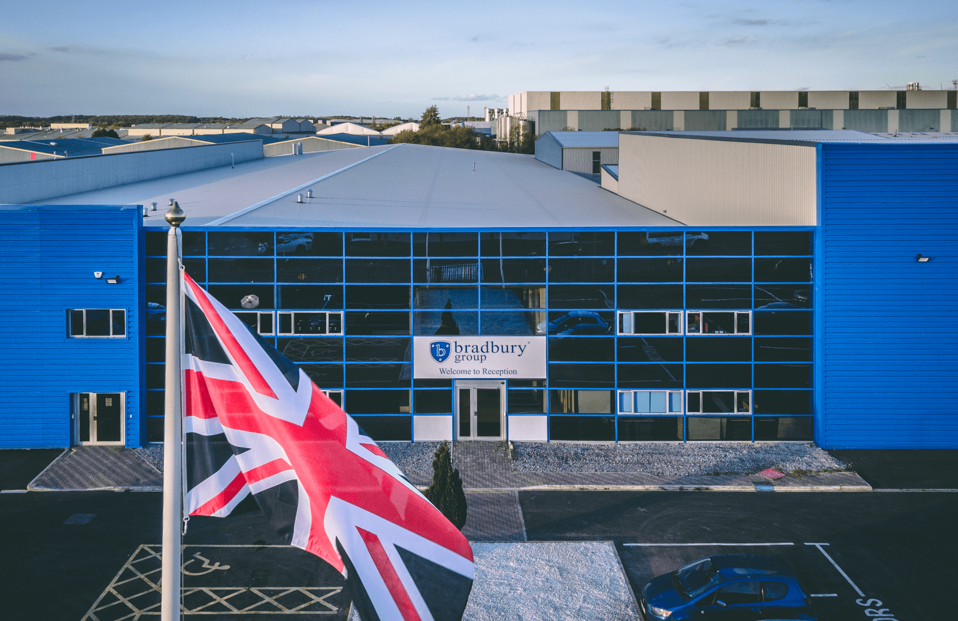 Bradbury Headquarters with a Great Britain flag outside.