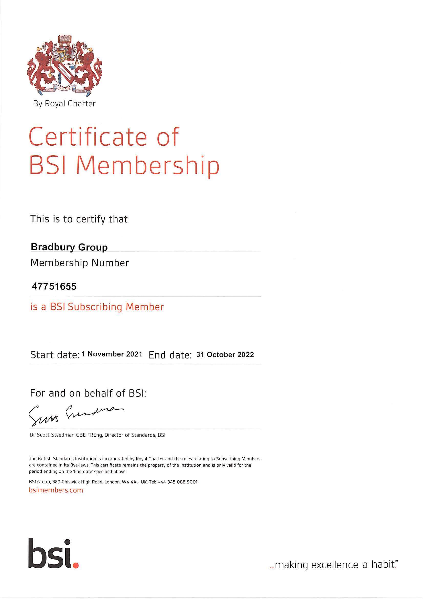 BSI Bradbury Group Certificate