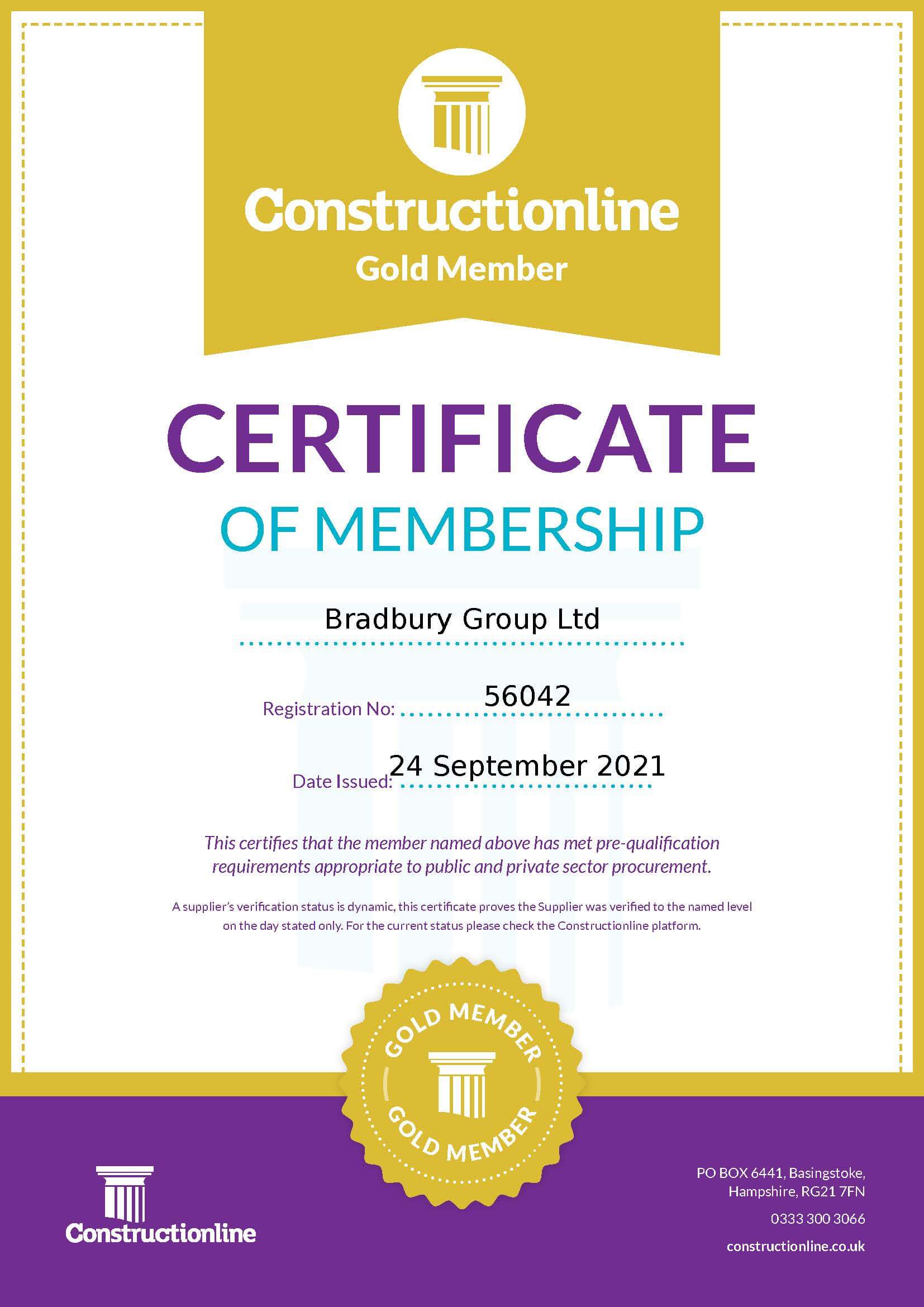 Constructionline Gold certificate Bradbury