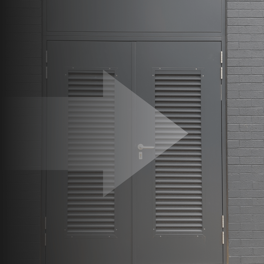 M2M-Express doors with a graphic arrow pointing right in front of it.