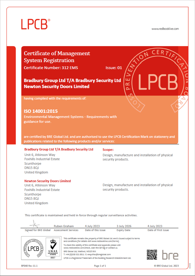 Bradbury Group and Newton Doors ISO 14001 Environmental Management Certificate