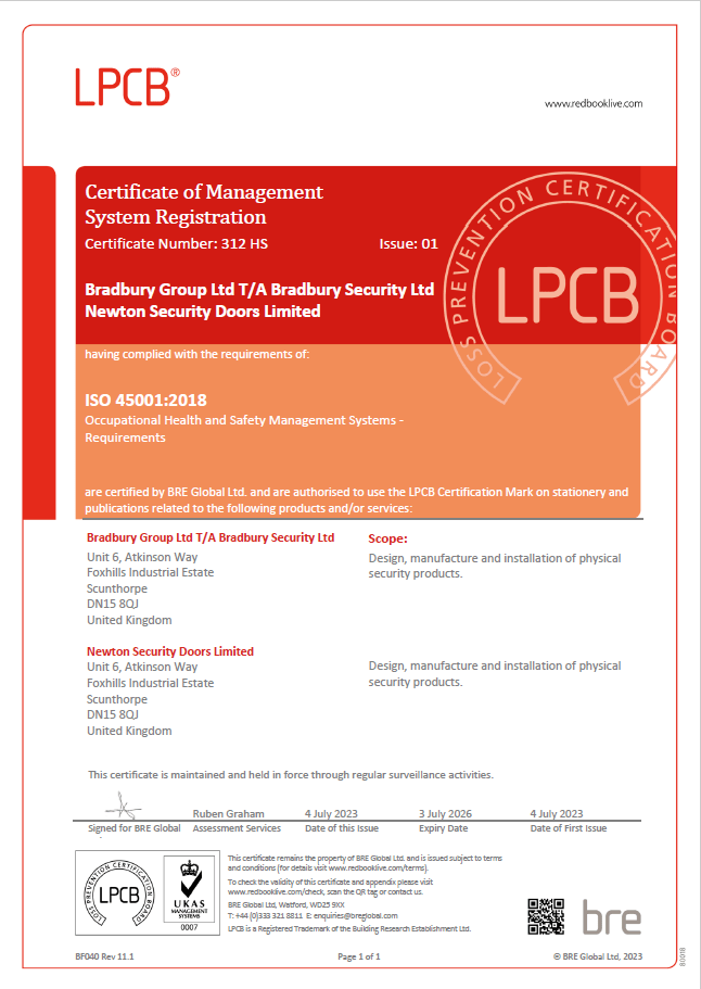 Bradbury Group Newton Doors ISO 45001 Occupational Health and Safety Certificate